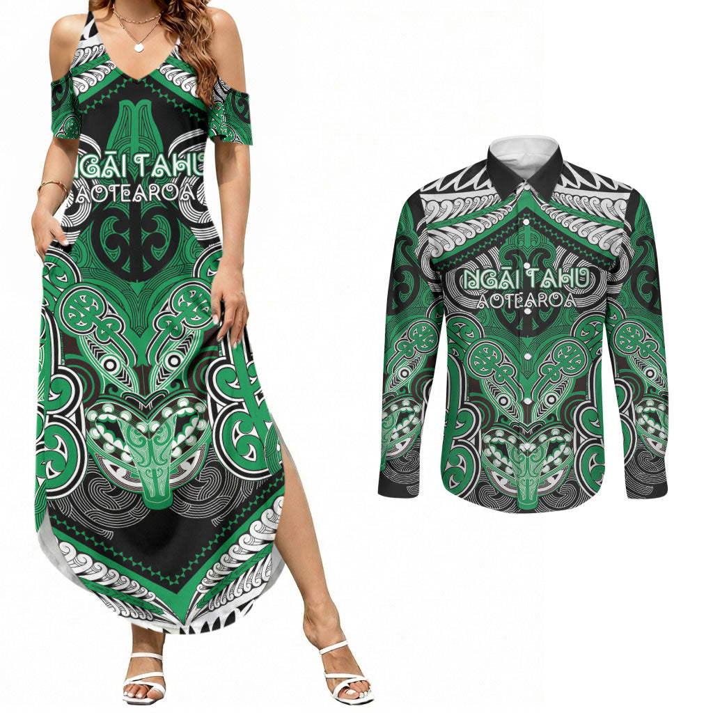Aotearoa Iwi Ngai Tahu Personalised Couples Matching Summer Maxi Dress and Long Sleeve Button Shirt Maori Kowhaiwhai Pattern LT19 Green - Polynesian Pride