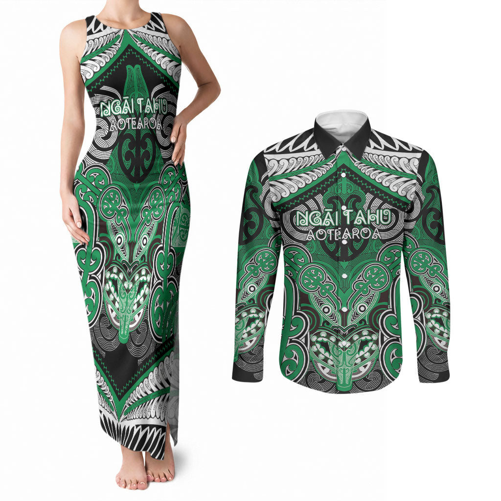 Aotearoa Iwi Ngai Tahu Personalised Couples Matching Tank Maxi Dress and Long Sleeve Button Shirt Maori Kowhaiwhai Pattern LT19 Green - Polynesian Pride