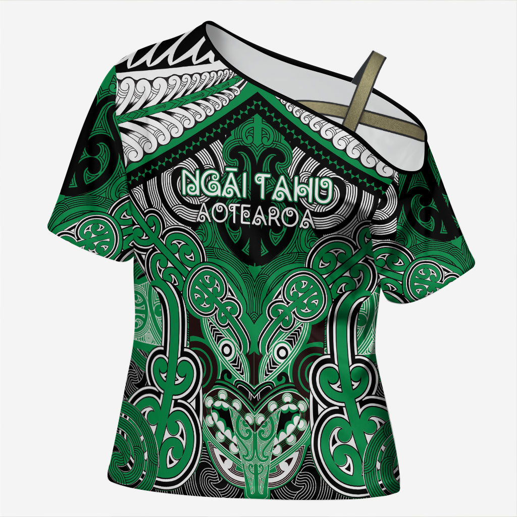 Aotearoa Iwi Ngai Tahu Personalised Cross Shoulder Shirt Maori Kowhaiwhai Pattern LT19 Female Green - Polynesian Pride