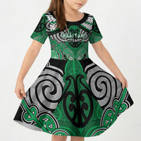 Aotearoa Iwi Ngai Tahu Personalised Kid Short Sleeve Dress Maori Kowhaiwhai Pattern LT19 KID Green - Polynesian Pride