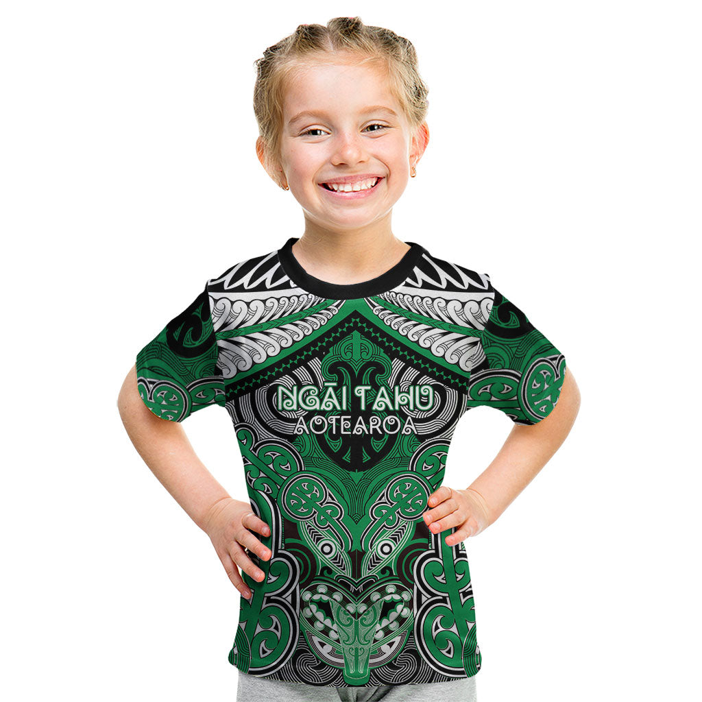 Aotearoa Iwi Ngai Tahu Personalised Kid T Shirt Maori Kowhaiwhai Pattern LT19 Green - Polynesian Pride