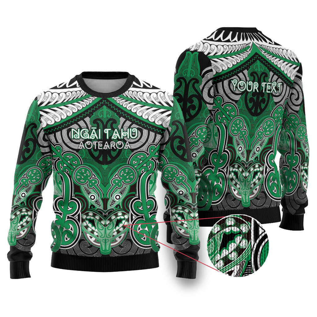 Aotearoa Iwi Ngai Tahu Personalised Ugly Christmas Sweater Maori Kowhaiwhai Pattern LT19 Green - Polynesian Pride
