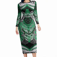 Aotearoa Iwi Ngai Tahu Personalised Long Sleeve Bodycon Dress Maori Kowhaiwhai Pattern LT19 Long Dress Green - Polynesian Pride