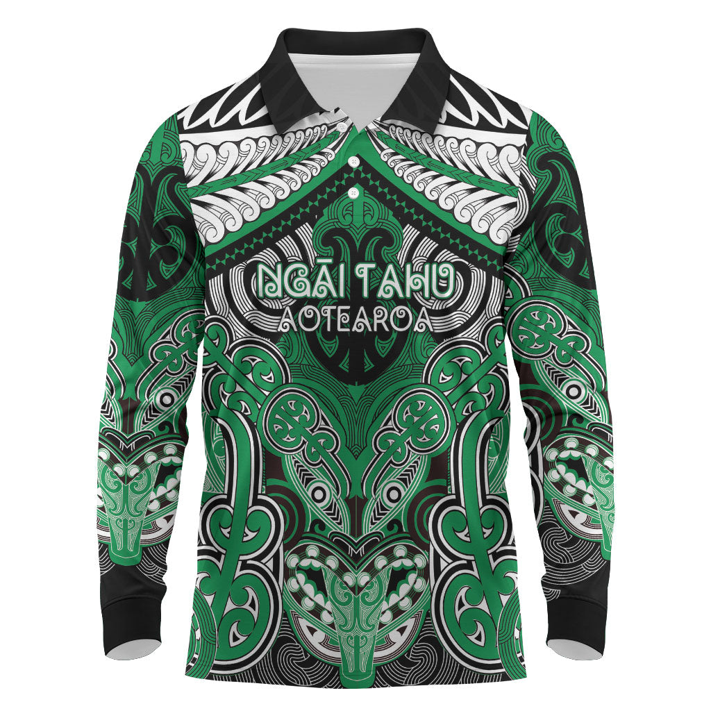 Aotearoa Iwi Ngai Tahu Personalised Long Sleeve Polo Shirt Maori Kowhaiwhai Pattern LT19 Green - Polynesian Pride