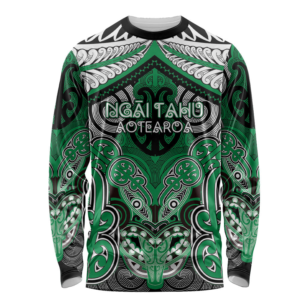 Aotearoa Iwi Ngai Tahu Personalised Long Sleeve Shirt Maori Kowhaiwhai Pattern LT19 Unisex Green - Polynesian Pride