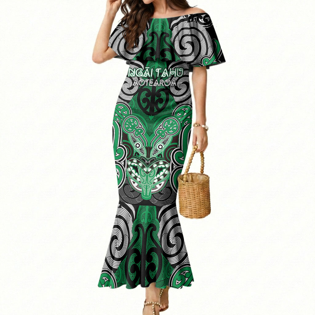 Aotearoa Iwi Ngai Tahu Personalised Mermaid Dress Maori Kowhaiwhai Pattern LT19 Women Green - Polynesian Pride