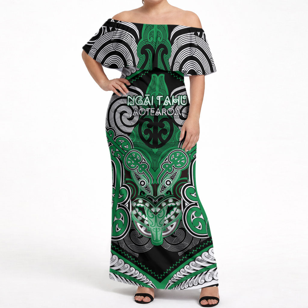 Aotearoa Iwi Ngai Tahu Personalised Off Shoulder Maxi Dress Maori Kowhaiwhai Pattern LT19 Women Green - Polynesian Pride