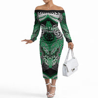 Aotearoa Iwi Ngai Tahu Personalised Off The Shoulder Long Sleeve Dress Maori Kowhaiwhai Pattern LT19 Women Green - Polynesian Pride