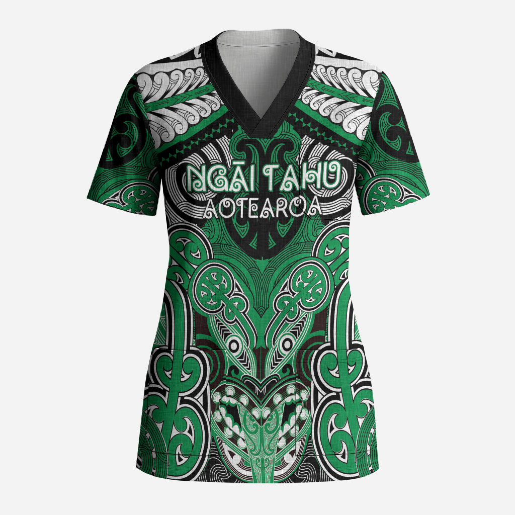 Aotearoa Iwi Ngai Tahu Personalised Scrub Top Maori Kowhaiwhai Pattern LT19 Adult Green - Polynesian Pride