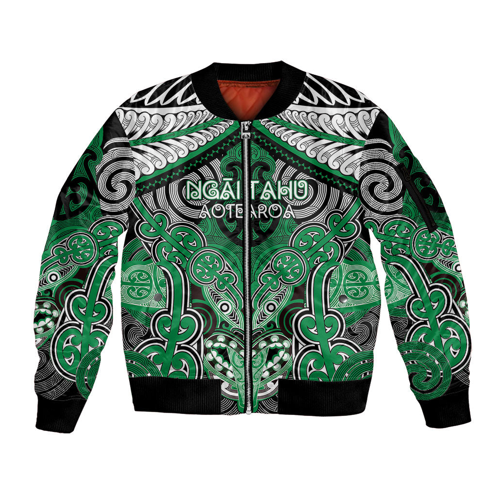 Aotearoa Iwi Ngai Tahu Personalised Sleeve Zip Bomber Jacket Maori Kowhaiwhai Pattern LT19 Unisex Green - Polynesian Pride