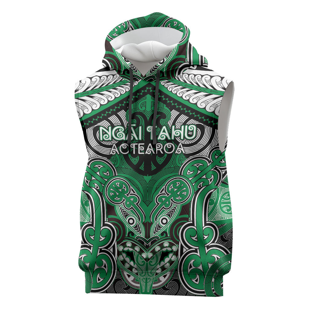 Aotearoa Iwi Ngai Tahu Personalised Sleeveless Hoodie Maori Kowhaiwhai Pattern LT19 Green - Polynesian Pride