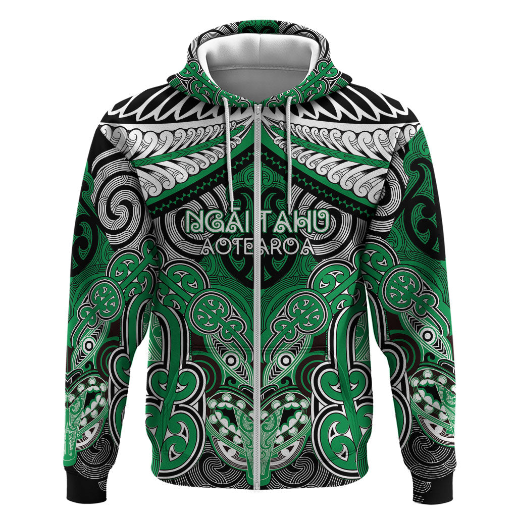 Aotearoa Iwi Ngai Tahu Personalised Zip Hoodie Maori Kowhaiwhai Pattern LT19 Zip Hoodie Green - Polynesian Pride