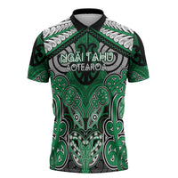 Aotearoa Iwi Ngai Tahu Personalised Zipper Polo Shirt Maori Kowhaiwhai Pattern LT19 Green - Polynesian Pride