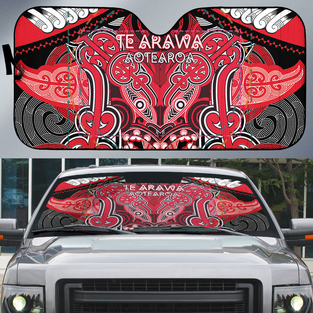 Aotearoa Iwi Te Arawa Auto Sun Shade Maori Kowhaiwhai Pattern LT19 Red - Polynesian Pride