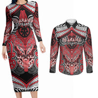 Aotearoa Iwi Te Arawa Personalised Couples Matching Long Sleeve Bodycon Dress and Long Sleeve Button Shirt Maori Kowhaiwhai Pattern LT19 Red - Polynesian Pride