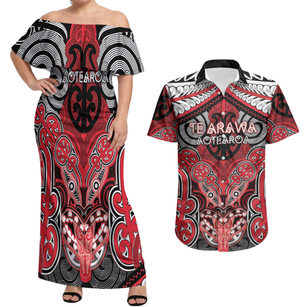 Aotearoa Iwi Te Arawa Personalised Couples Matching Off Shoulder Maxi Dress and Hawaiian Shirt Maori Kowhaiwhai Pattern LT19 Red - Polynesian Pride
