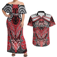 Aotearoa Iwi Te Arawa Personalised Couples Matching Off Shoulder Maxi Dress and Hawaiian Shirt Maori Kowhaiwhai Pattern LT19 Red - Polynesian Pride