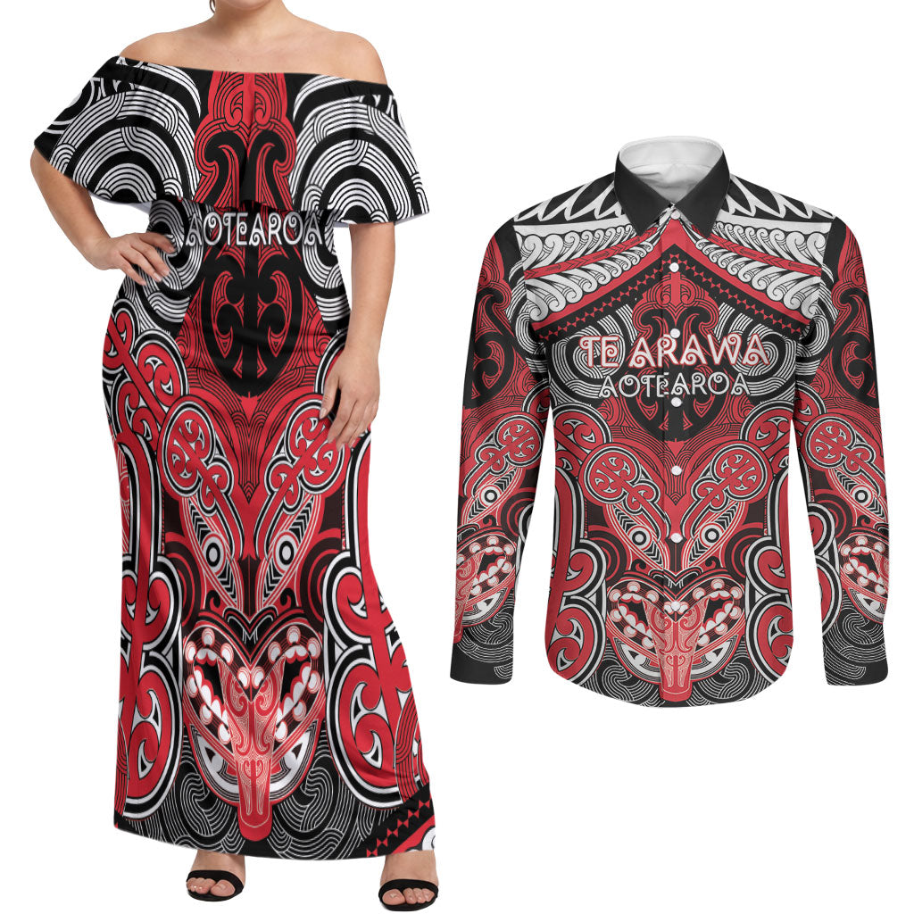 Aotearoa Iwi Te Arawa Personalised Couples Matching Off Shoulder Maxi Dress and Long Sleeve Button Shirt Maori Kowhaiwhai Pattern LT19 Red - Polynesian Pride