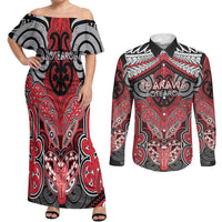 Aotearoa Iwi Te Arawa Personalised Couples Matching Off Shoulder Maxi Dress and Long Sleeve Button Shirt Maori Kowhaiwhai Pattern LT19 Red - Polynesian Pride