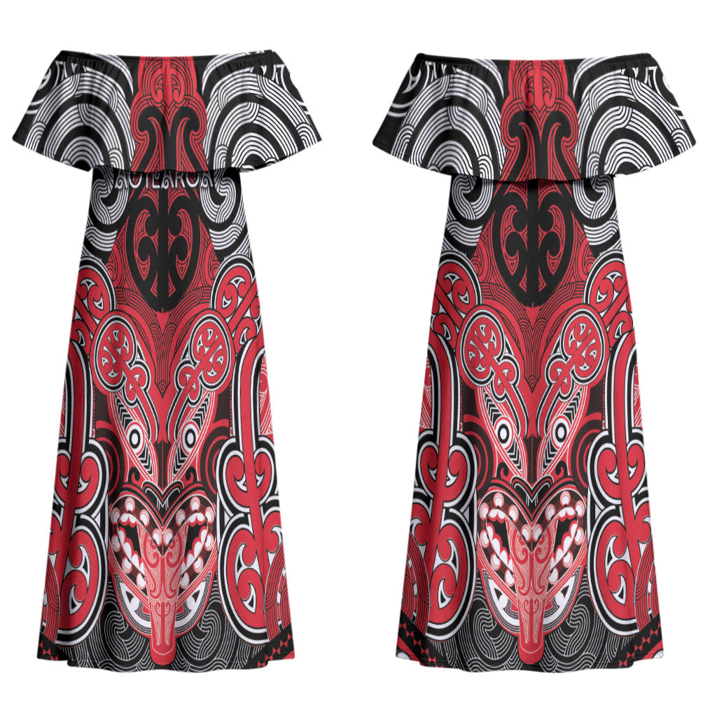 Aotearoa Iwi Te Arawa Personalised Couples Matching Off Shoulder Maxi Dress and Long Sleeve Button Shirt Maori Kowhaiwhai Pattern LT19 - Polynesian Pride