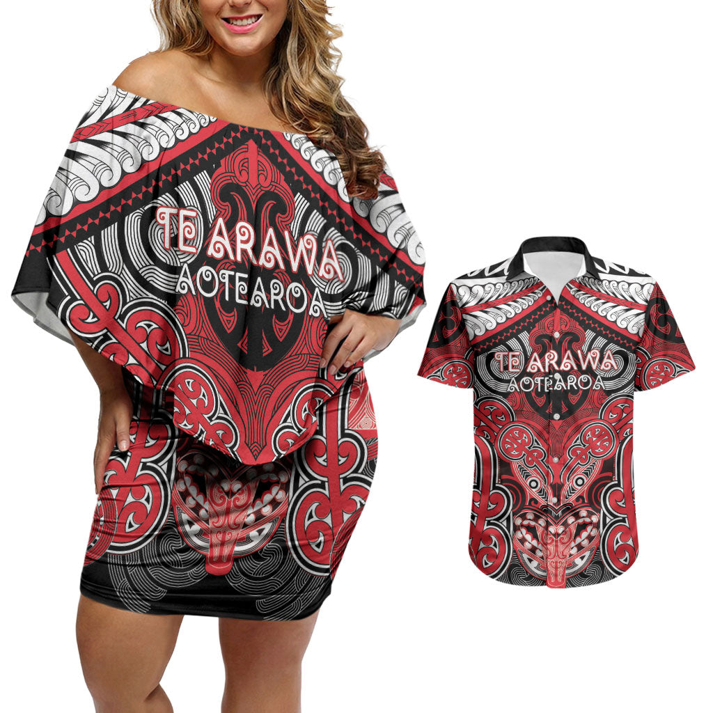 Aotearoa Iwi Te Arawa Personalised Couples Matching Off Shoulder Short Dress and Hawaiian Shirt Maori Kowhaiwhai Pattern LT19 Red - Polynesian Pride