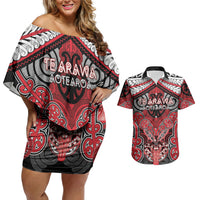 Aotearoa Iwi Te Arawa Personalised Couples Matching Off Shoulder Short Dress and Hawaiian Shirt Maori Kowhaiwhai Pattern LT19 Red - Polynesian Pride