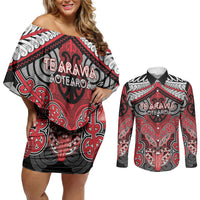 Aotearoa Iwi Te Arawa Personalised Couples Matching Off Shoulder Short Dress and Long Sleeve Button Shirt Maori Kowhaiwhai Pattern LT19 Red - Polynesian Pride