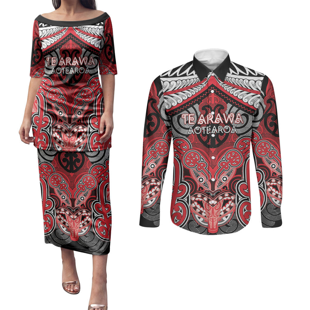 Aotearoa Iwi Te Arawa Personalised Couples Matching Puletasi and Long Sleeve Button Shirt Maori Kowhaiwhai Pattern LT19 Red - Polynesian Pride