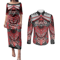 Aotearoa Iwi Te Arawa Personalised Couples Matching Puletasi and Long Sleeve Button Shirt Maori Kowhaiwhai Pattern LT19 Red - Polynesian Pride