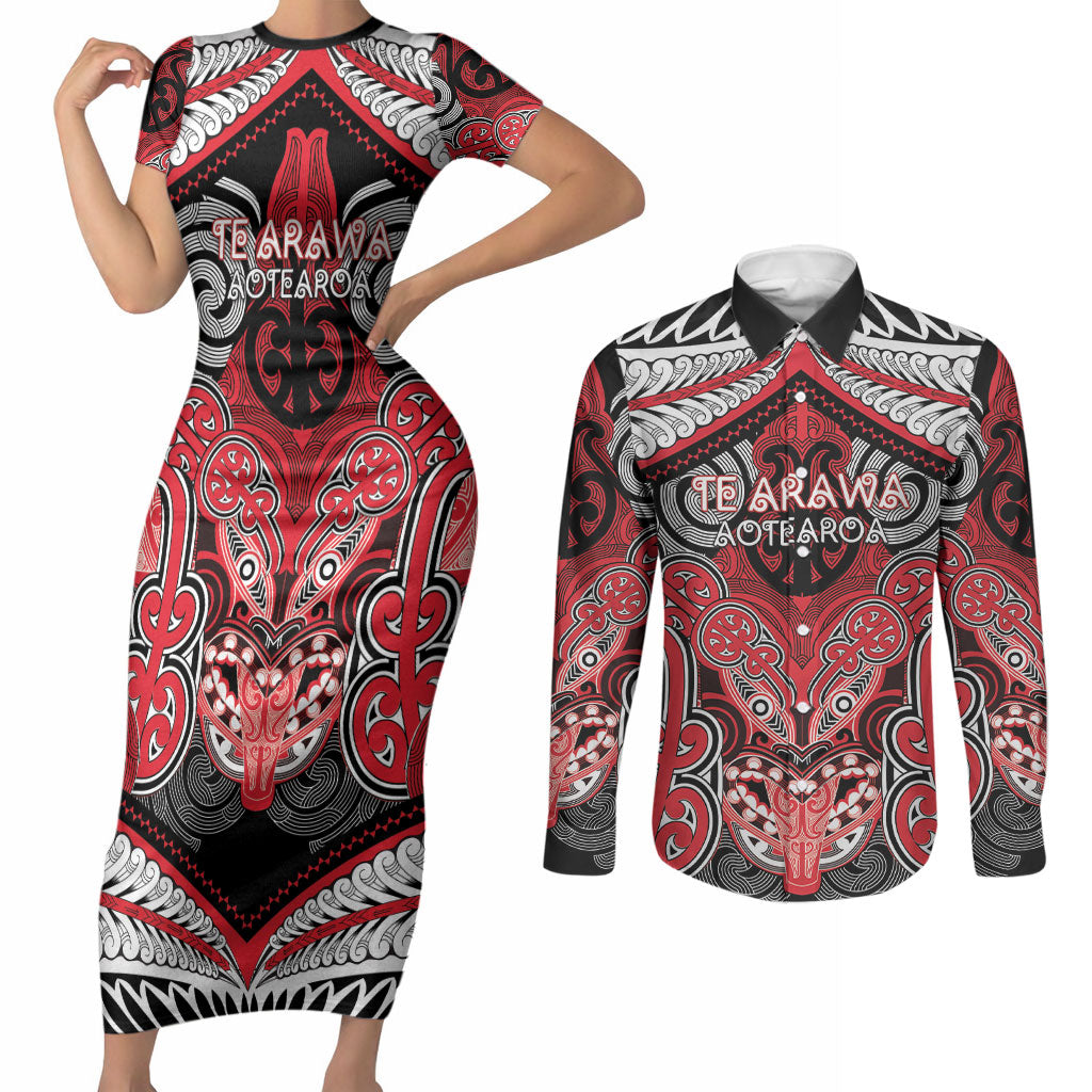 Aotearoa Iwi Te Arawa Personalised Couples Matching Short Sleeve Bodycon Dress and Long Sleeve Button Shirt Maori Kowhaiwhai Pattern LT19 Red - Polynesian Pride
