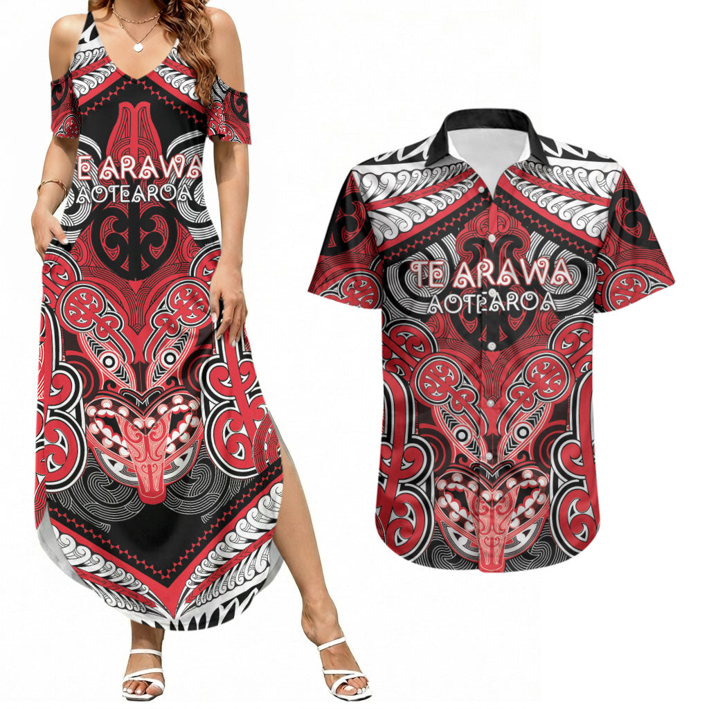 Aotearoa Iwi Te Arawa Personalised Couples Matching Summer Maxi Dress and Hawaiian Shirt Maori Kowhaiwhai Pattern LT19 Red - Polynesian Pride