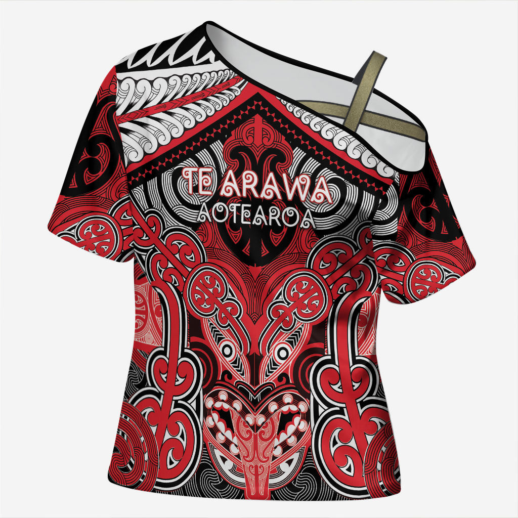 Aotearoa Iwi Te Arawa Personalised Cross Shoulder Shirt Maori Kowhaiwhai Pattern LT19 Female Red - Polynesian Pride