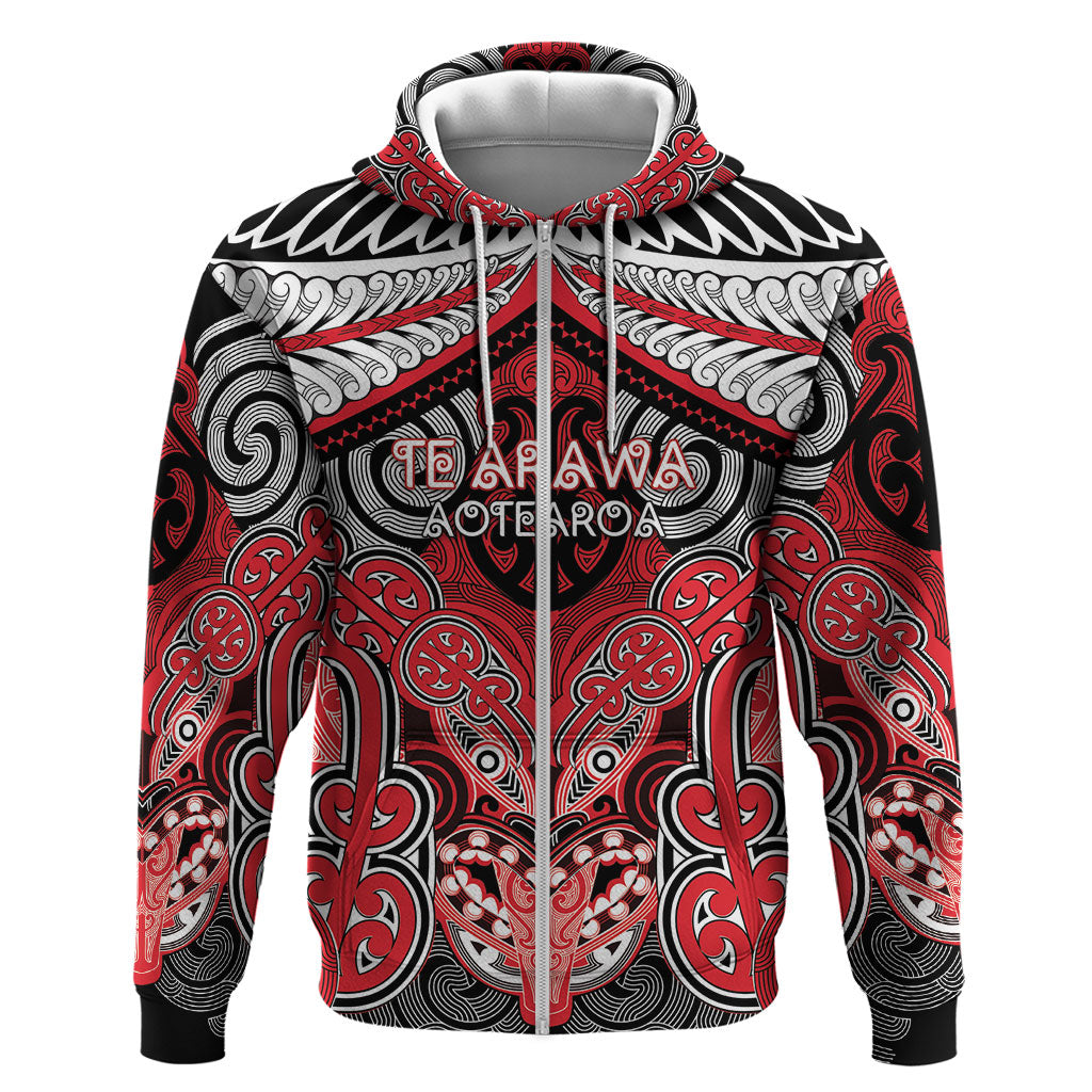 Aotearoa Iwi Te Arawa Personalised Hoodie Maori Kowhaiwhai Pattern LT19 Zip Hoodie Red - Polynesian Pride