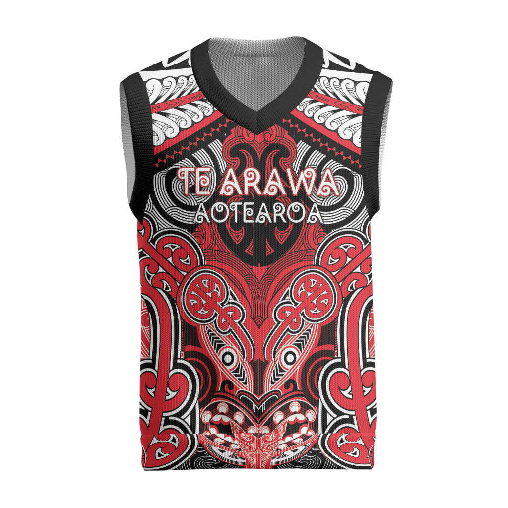 Aotearoa Iwi Te Arawa Personalised Christmas Knitted V-Neck Vest Maori Kowhaiwhai Pattern LT19 Red - Polynesian Pride