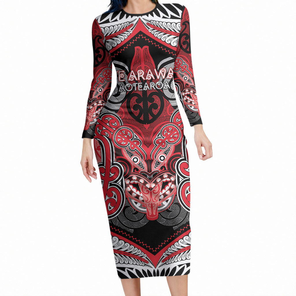 Aotearoa Iwi Te Arawa Personalised Long Sleeve Bodycon Dress Maori Kowhaiwhai Pattern LT19 Long Dress Red - Polynesian Pride