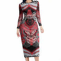 Aotearoa Iwi Te Arawa Personalised Long Sleeve Bodycon Dress Maori Kowhaiwhai Pattern LT19 Long Dress Red - Polynesian Pride