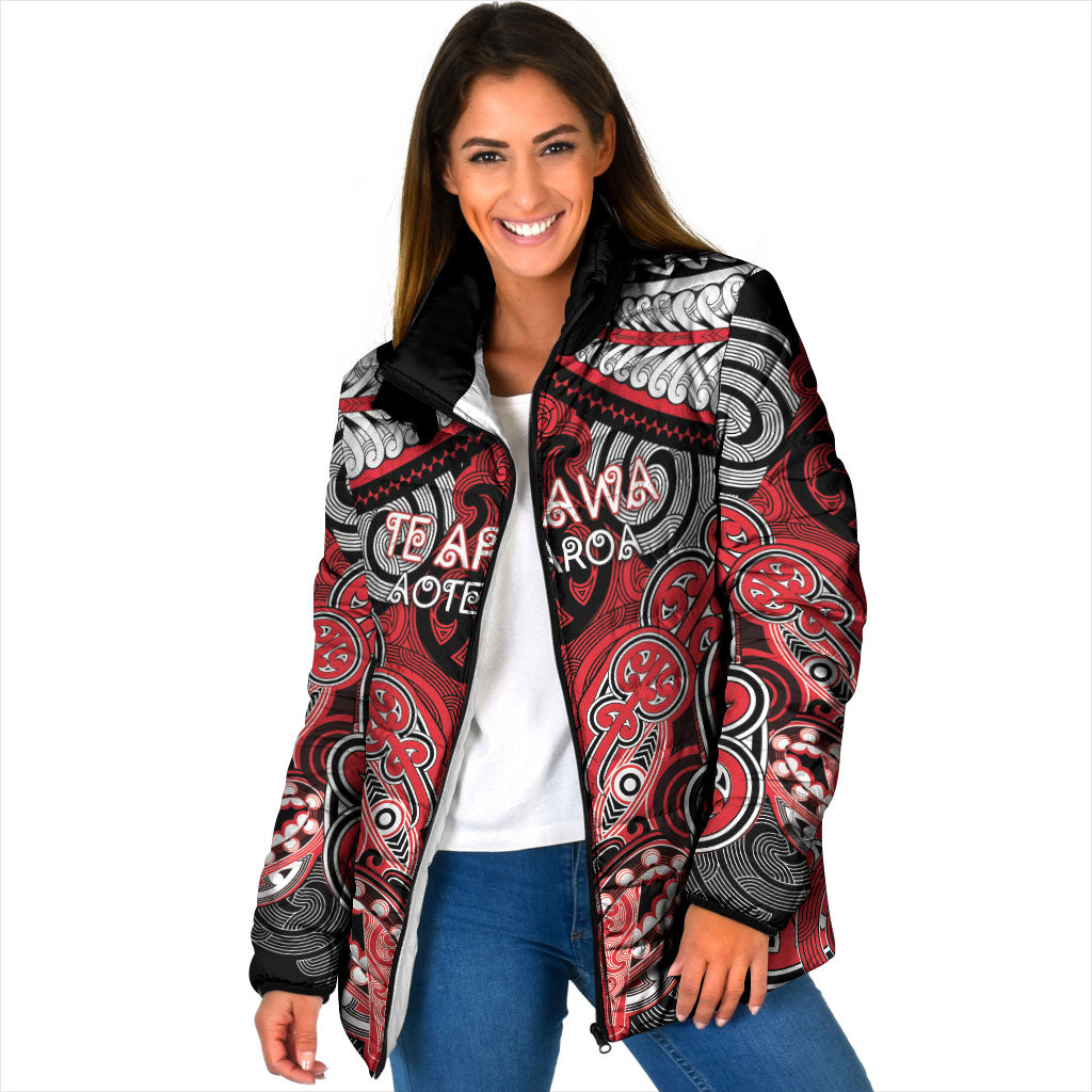 Aotearoa Iwi Te Arawa Personalised Padded Jacket Maori Kowhaiwhai Pattern LT19 Women Red - Polynesian Pride