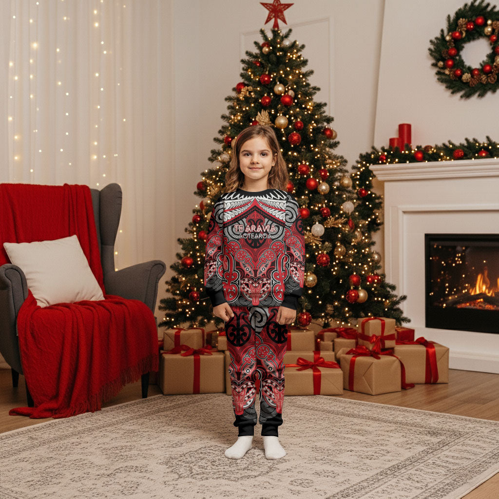 Aotearoa Iwi Te Arawa Personalised Christmas Pajama Set Maori Kowhaiwhai Pattern LT19 Kid Red - Polynesian Pride