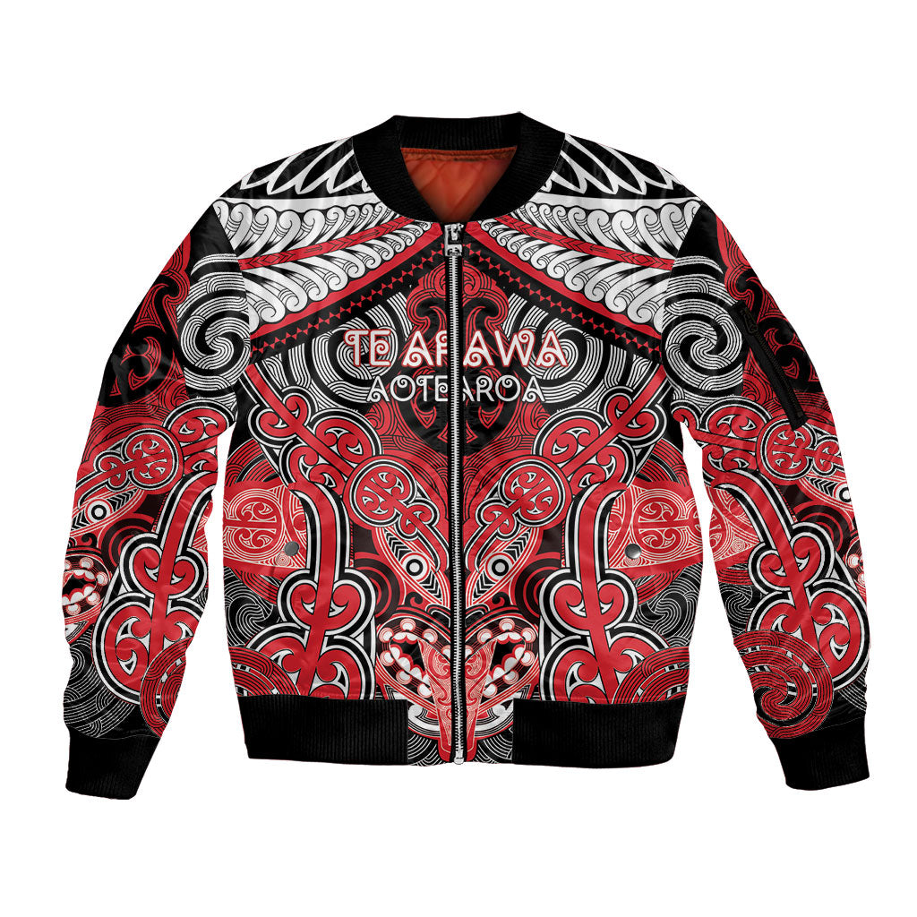 Aotearoa Iwi Te Arawa Personalised Sleeve Zip Bomber Jacket Maori Kowhaiwhai Pattern LT19 Unisex Red - Polynesian Pride