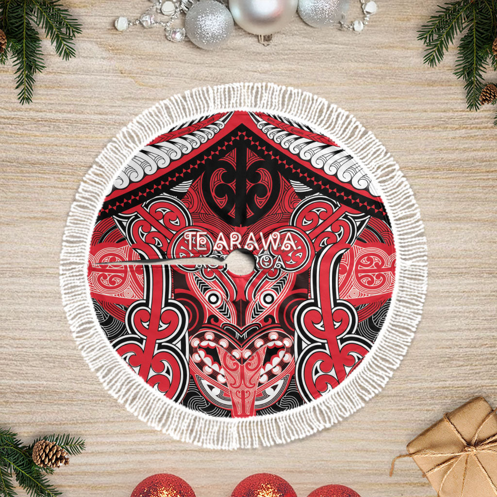 Aotearoa Iwi Te Arawa Tree Skirt Maori Kowhaiwhai Pattern LT19 Fringed Red - Polynesian Pride
