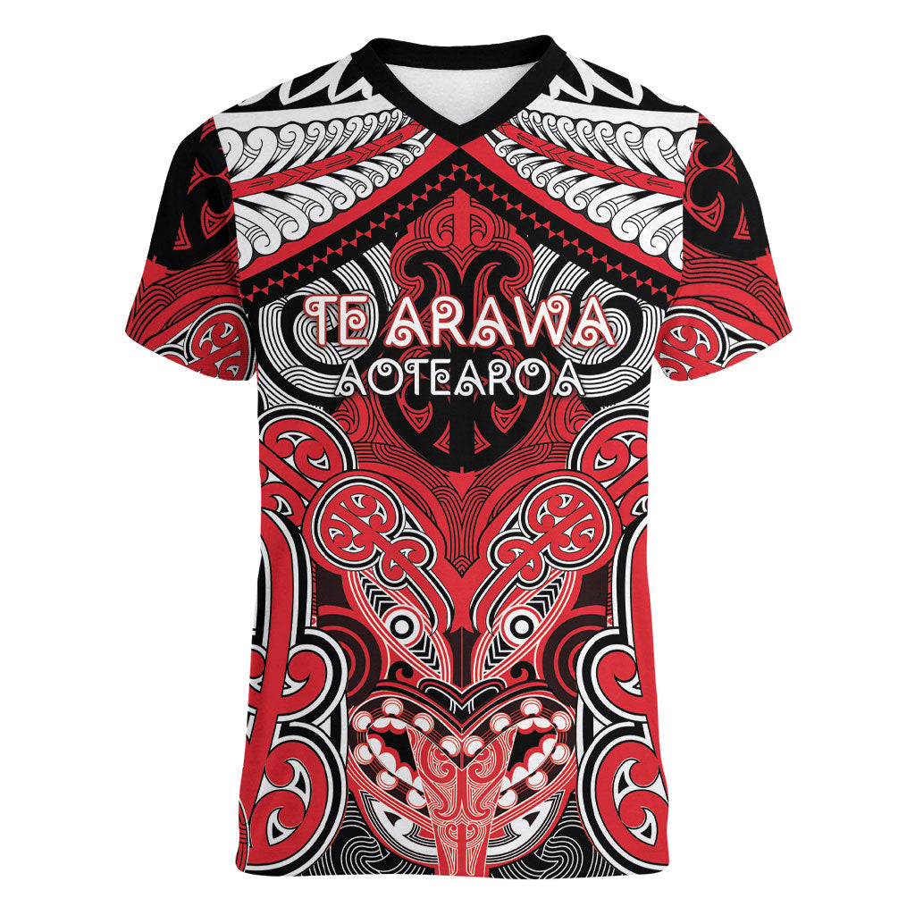 Aotearoa Iwi Te Arawa Personalised Women V-Neck T-Shirt Maori Kowhaiwhai Pattern LT19 Female Red - Polynesian Pride