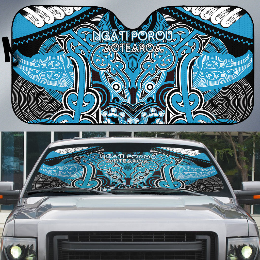 Aotearoa Iwi Ngati Porou Auto Sun Shade Maori Kowhaiwhai Pattern LT19 Blue - Polynesian Pride