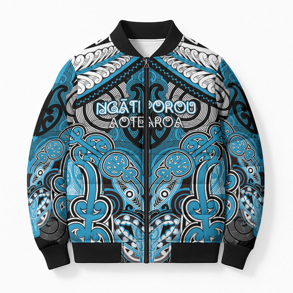 Aotearoa Iwi Ngati Porou Personalised Bomber Puffer Jacket Maori Kowhaiwhai Pattern LT19 Unisex Blue - Polynesian Pride