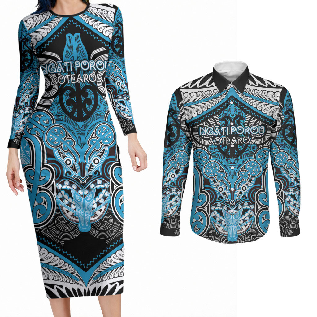 Aotearoa Iwi Ngati Porou Personalised Couples Matching Long Sleeve Bodycon Dress and Long Sleeve Button Shirt Maori Kowhaiwhai Pattern LT19 Blue - Polynesian Pride