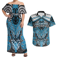Aotearoa Iwi Ngati Porou Personalised Couples Matching Off Shoulder Maxi Dress and Hawaiian Shirt Maori Kowhaiwhai Pattern LT19 Blue - Polynesian Pride