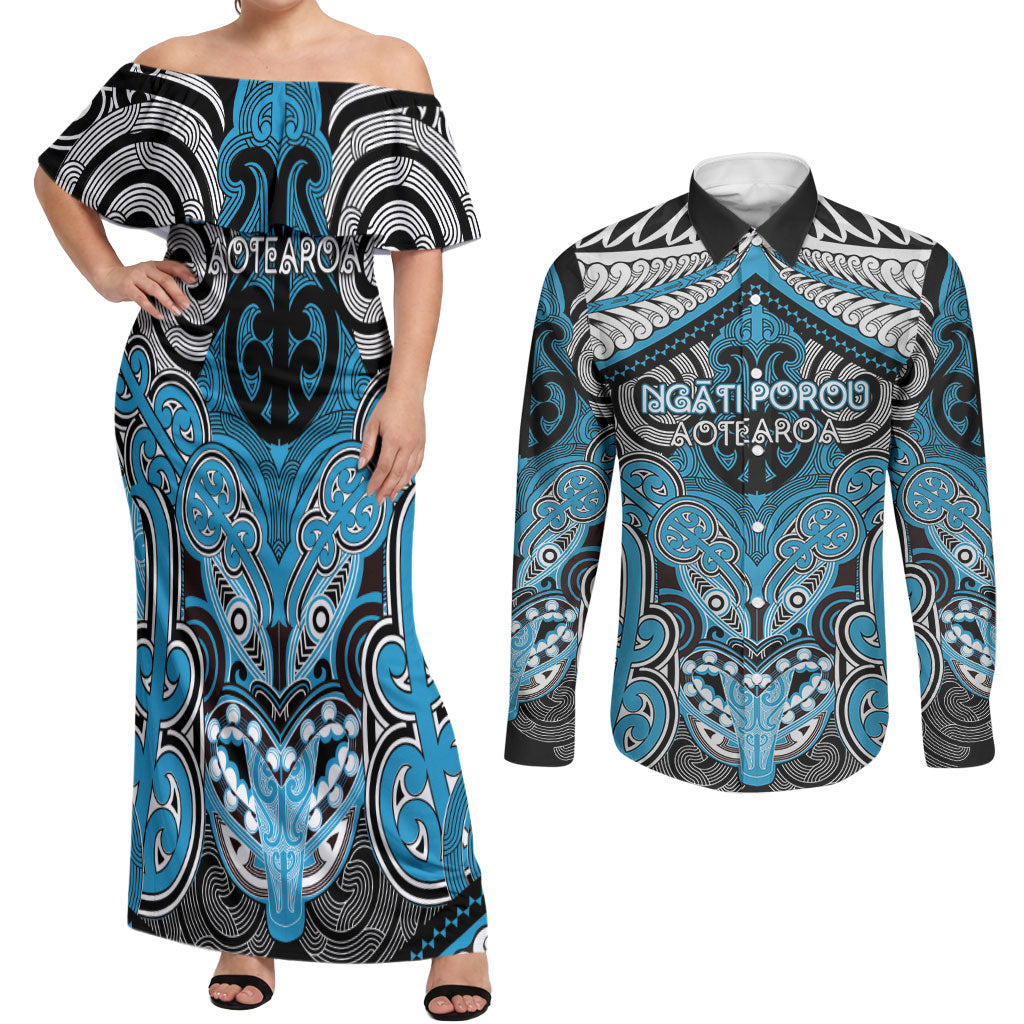 Aotearoa Iwi Ngati Porou Personalised Couples Matching Off Shoulder Maxi Dress and Long Sleeve Button Shirt Maori Kowhaiwhai Pattern LT19 Blue - Polynesian Pride