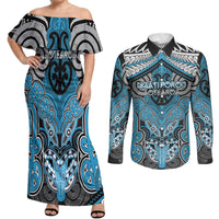 Aotearoa Iwi Ngati Porou Personalised Couples Matching Off Shoulder Maxi Dress and Long Sleeve Button Shirt Maori Kowhaiwhai Pattern LT19 Blue - Polynesian Pride