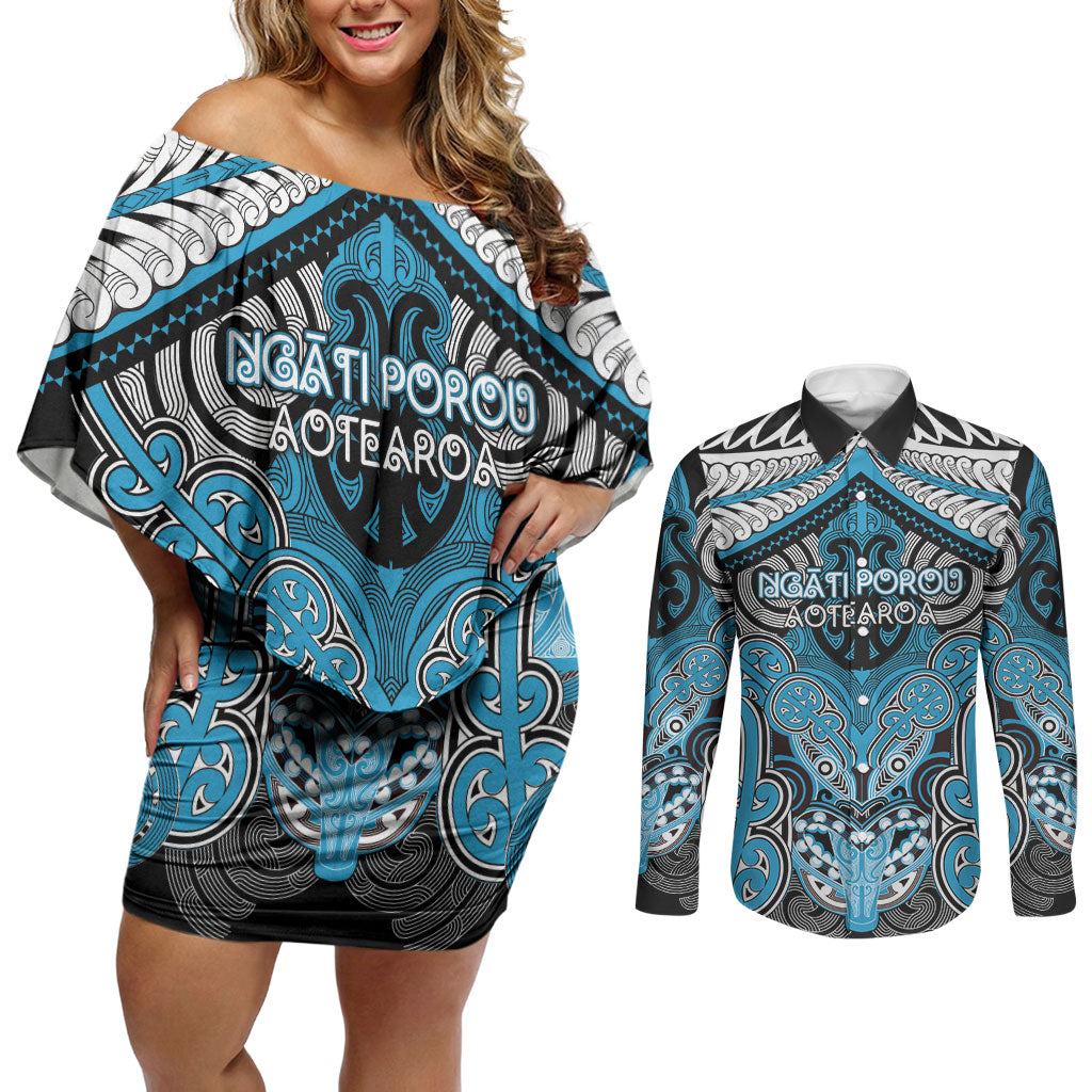 Aotearoa Iwi Ngati Porou Personalised Couples Matching Off Shoulder Short Dress and Long Sleeve Button Shirt Maori Kowhaiwhai Pattern LT19 Blue - Polynesian Pride