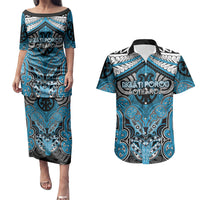 Aotearoa Iwi Ngati Porou Personalised Couples Matching Puletasi and Hawaiian Shirt Maori Kowhaiwhai Pattern LT19 Blue - Polynesian Pride