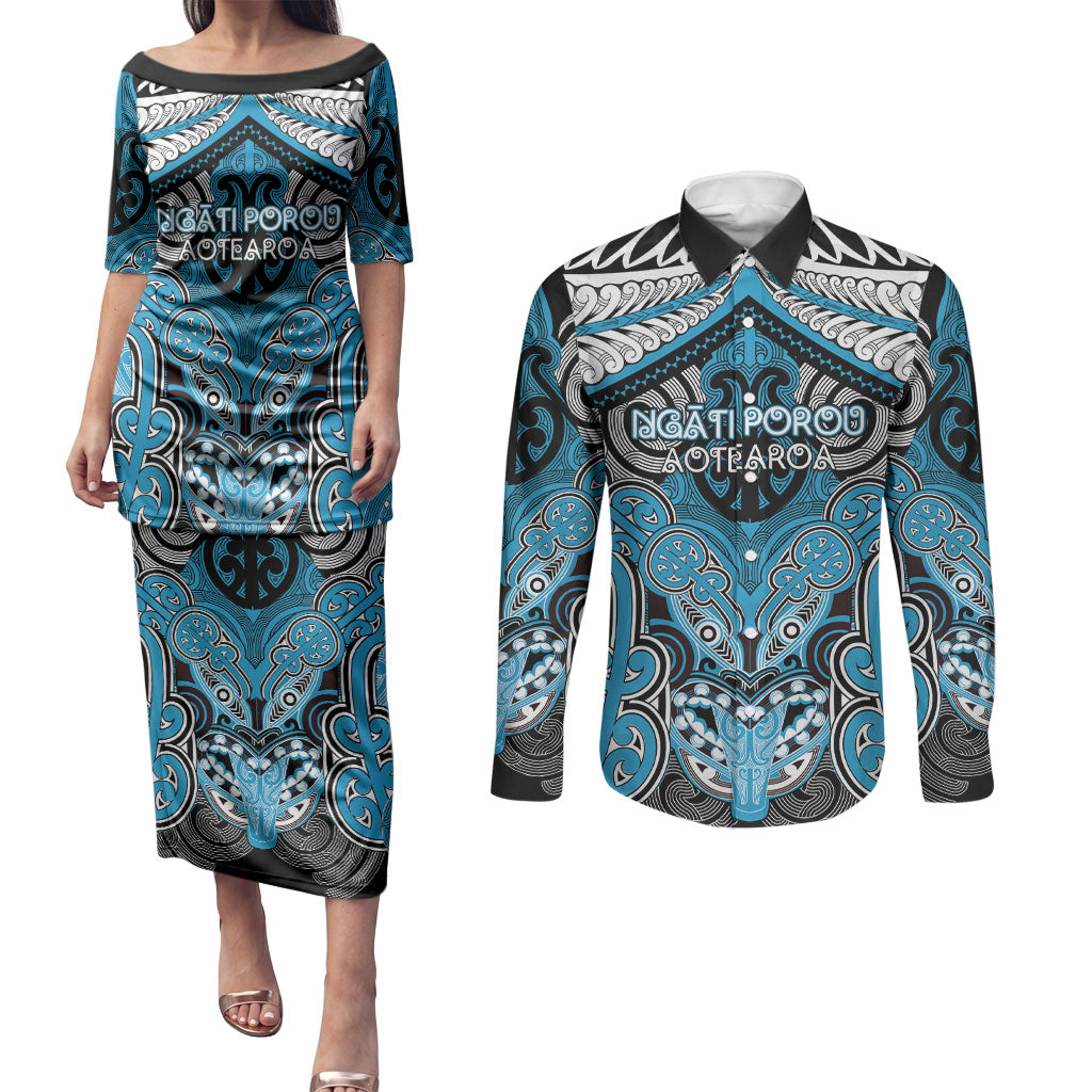Aotearoa Iwi Ngati Porou Personalised Couples Matching Puletasi and Long Sleeve Button Shirt Maori Kowhaiwhai Pattern LT19 Blue - Polynesian Pride